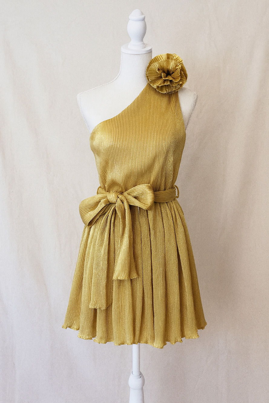 Mable Gold One Shoulder Pleated Mini Dress S Metallic Holiday Party NYE Bow